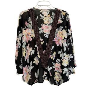 Flying Tomato Black Kimono Floral Flowy Crop Top Bat Sleeves Size M/L Boho